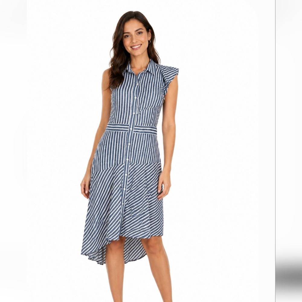 Rachel Roy Midi Dress SZ 6 Gold & Blue Assymetrical Sleeve Line Desing Preowed